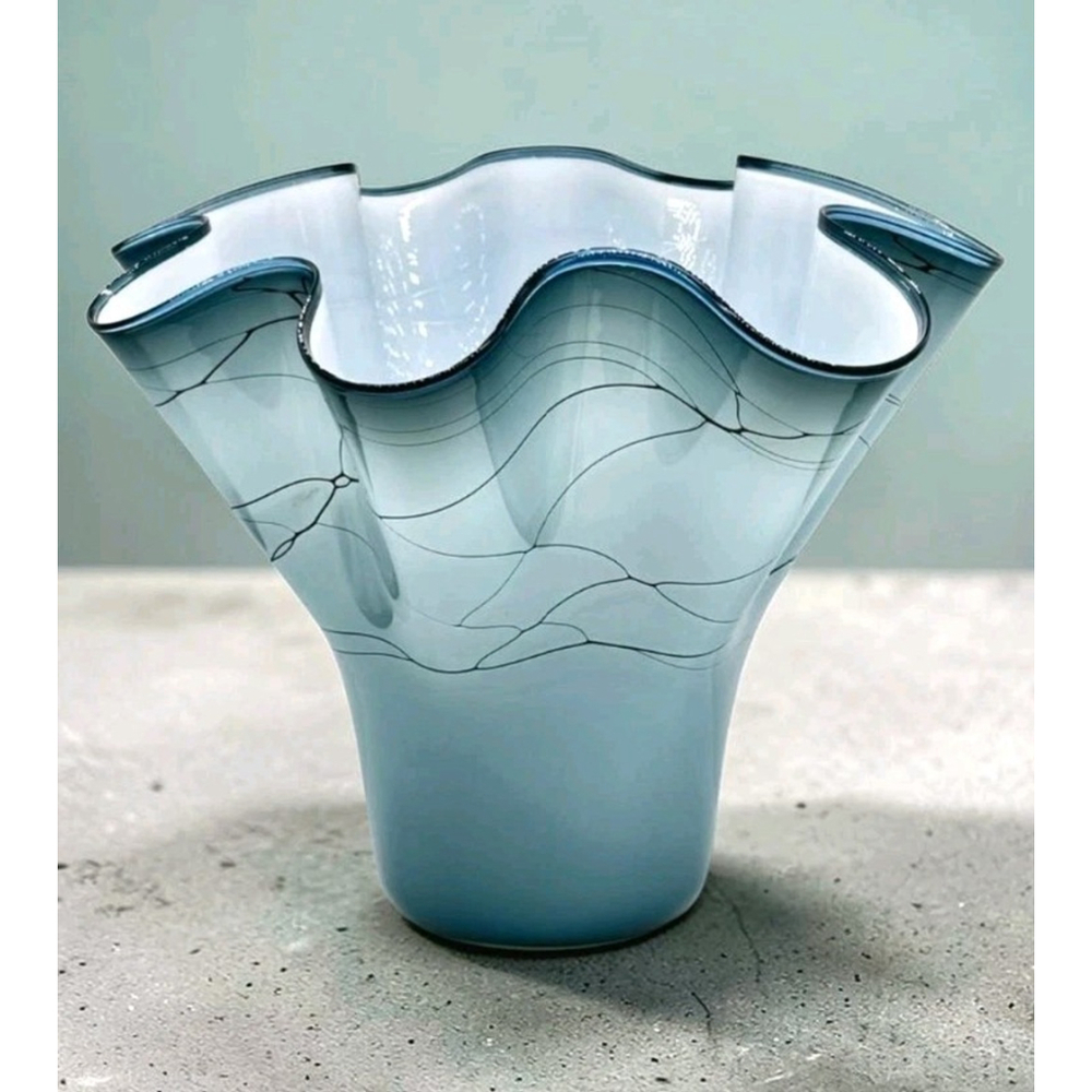 Cascade Creations Studio Art Glass Vase Signed 1996 Aqua Trumpet Flare 14”